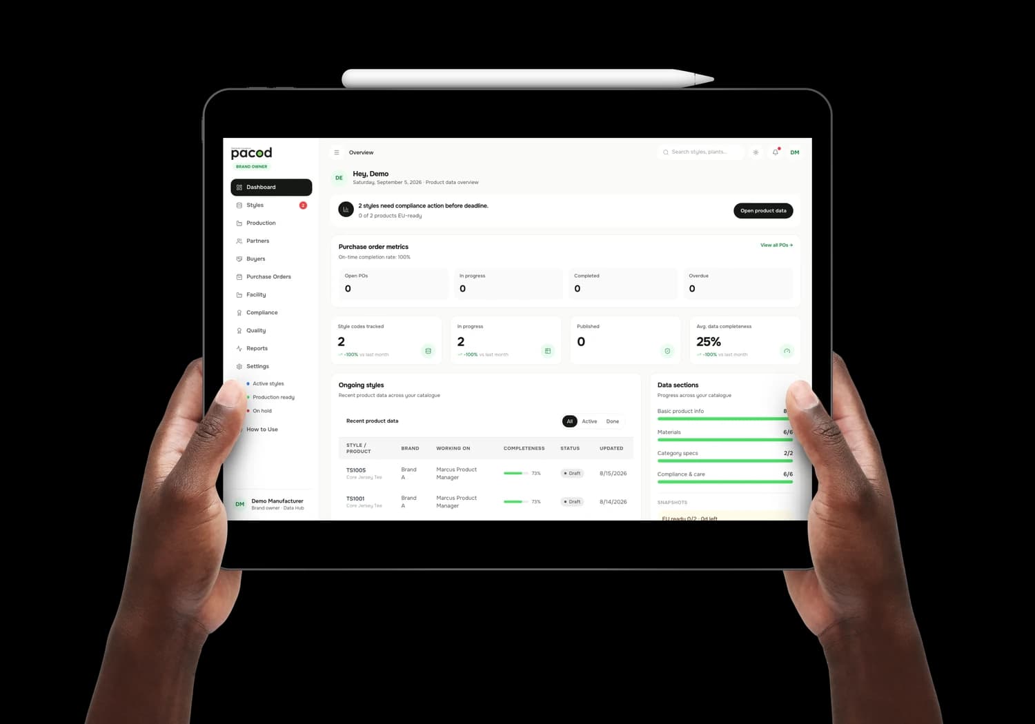 Factory Workflow open on a tablet, held on the production floor