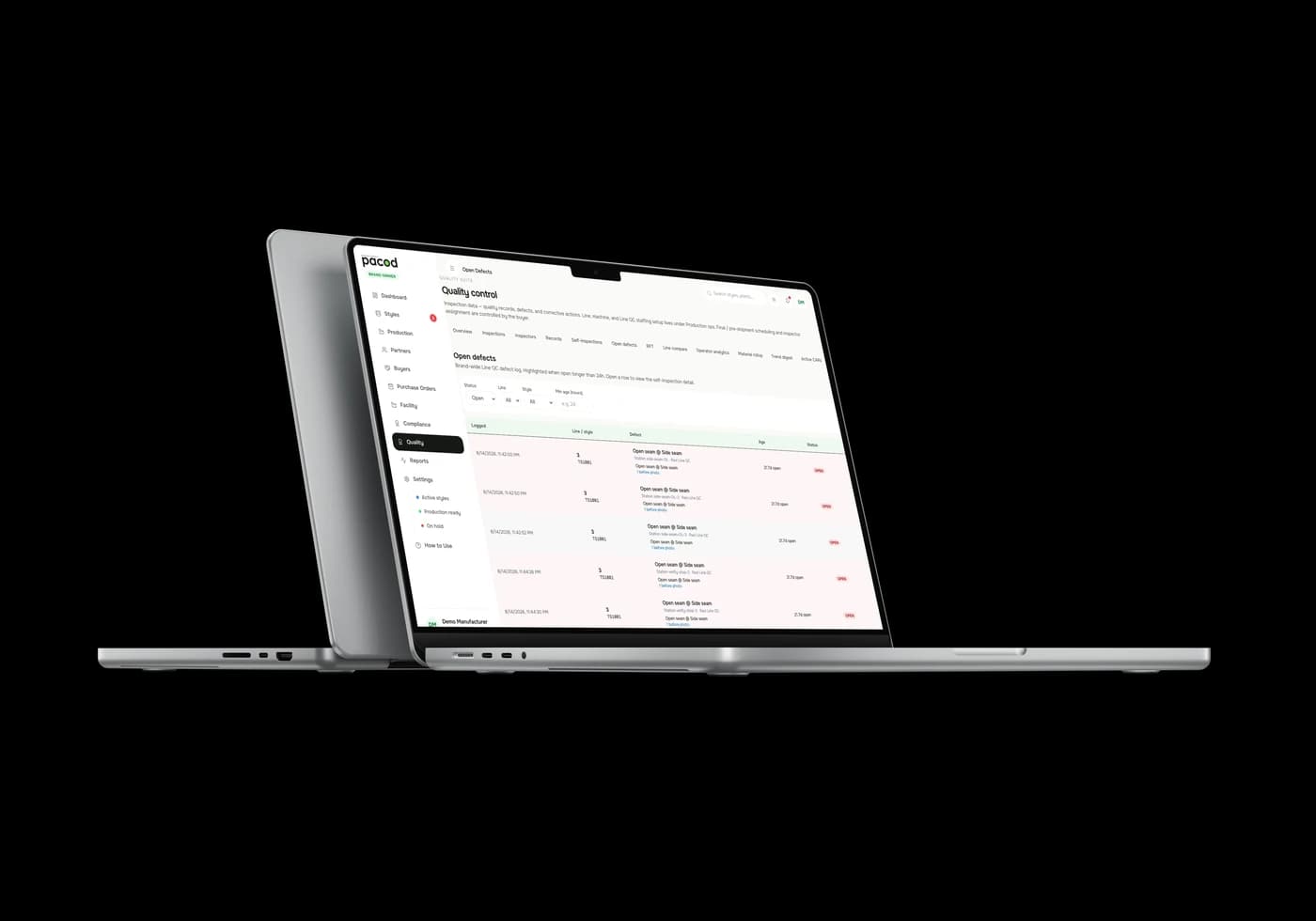 Pacod quality control — the open-defect log on a laptop