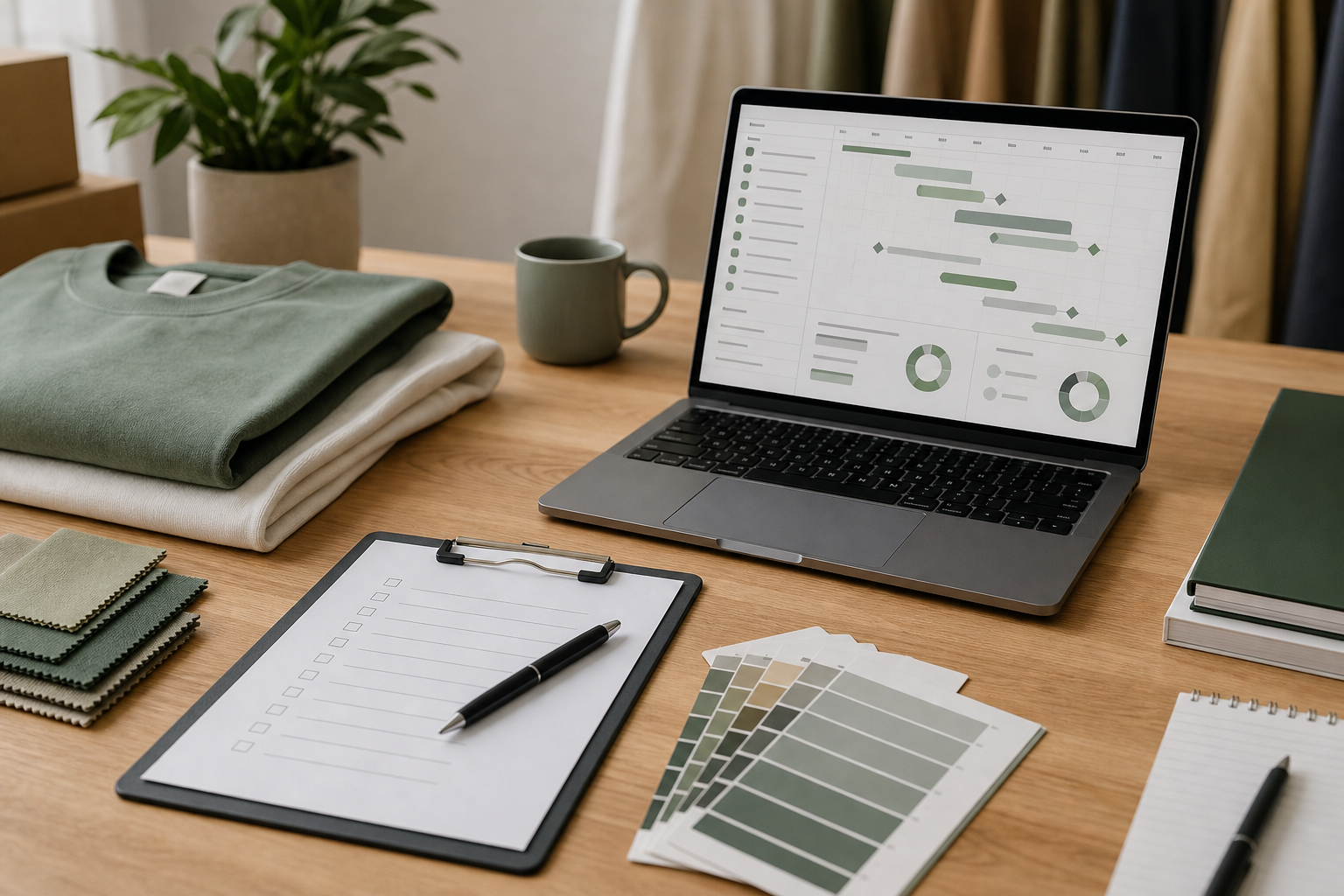 Operations workspace with apparel samples and compliance roadmap on a laptop