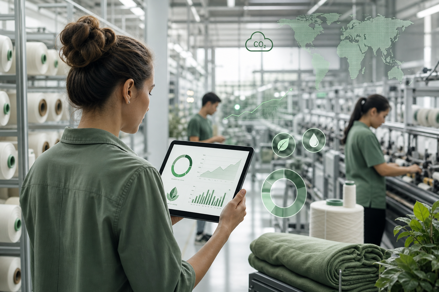 Factory floor with digital carbon footprint metrics on a tablet