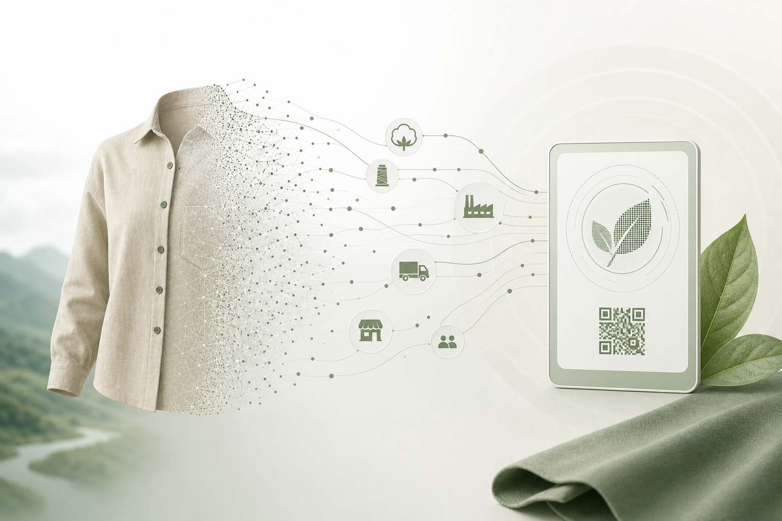 Abstract visualization of apparel transforming into digital passport and carbon data