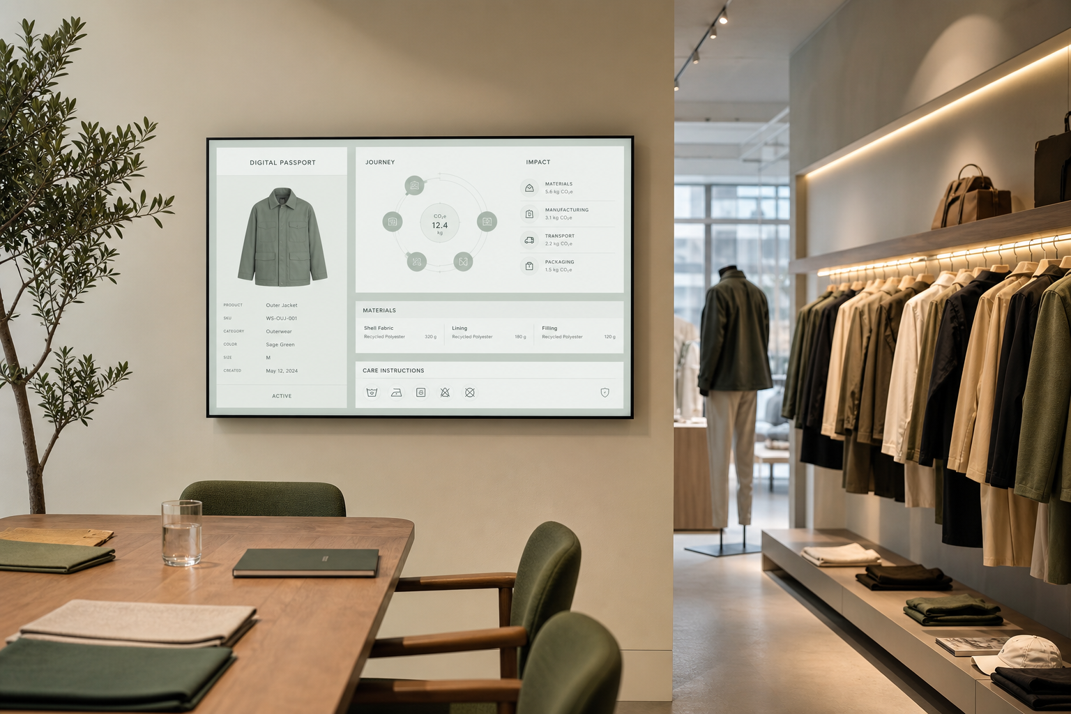 Apparel showroom with a digital passport dashboard on a large screen