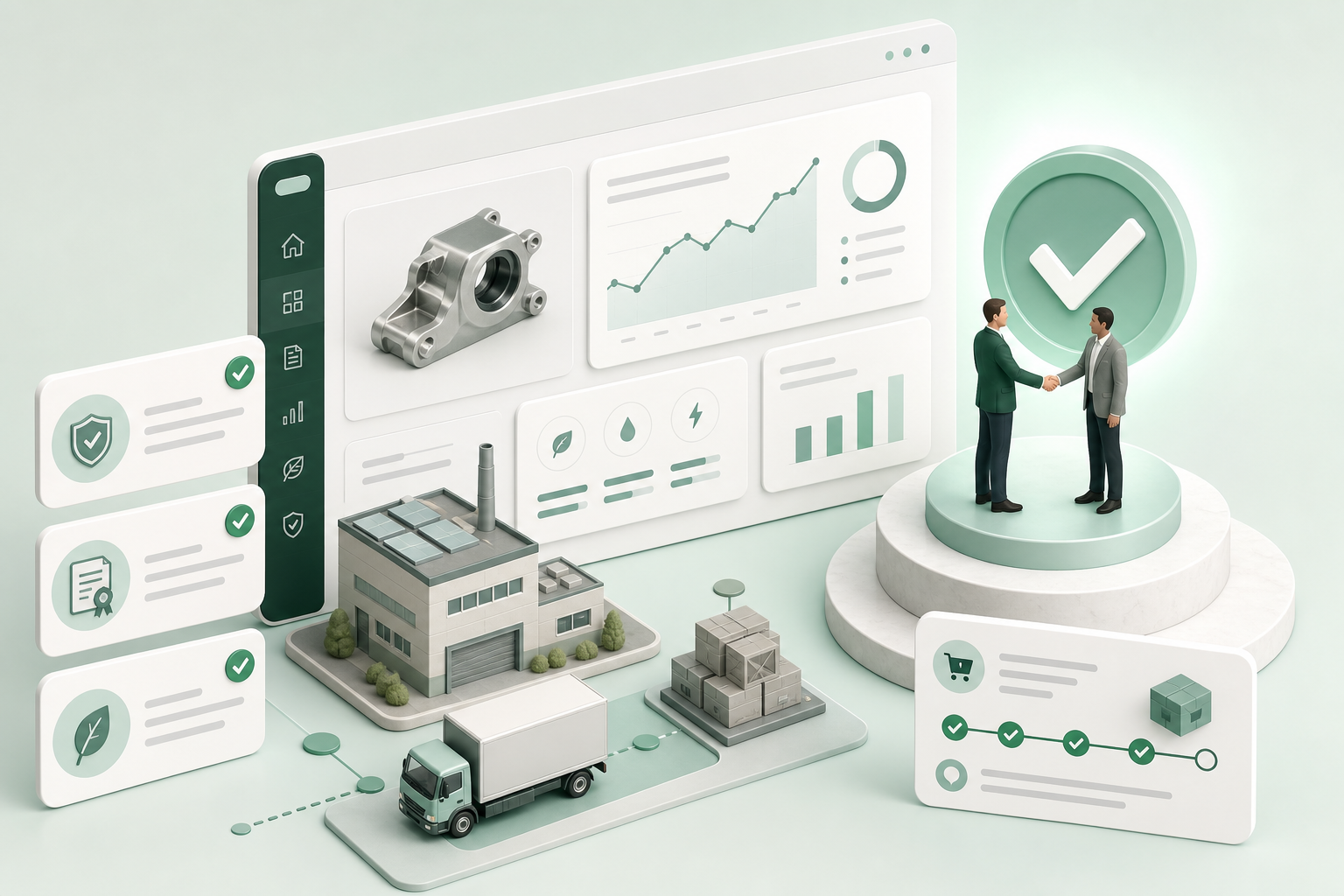 Isometric illustration of a manufacturer dashboard winning a buyer RFP