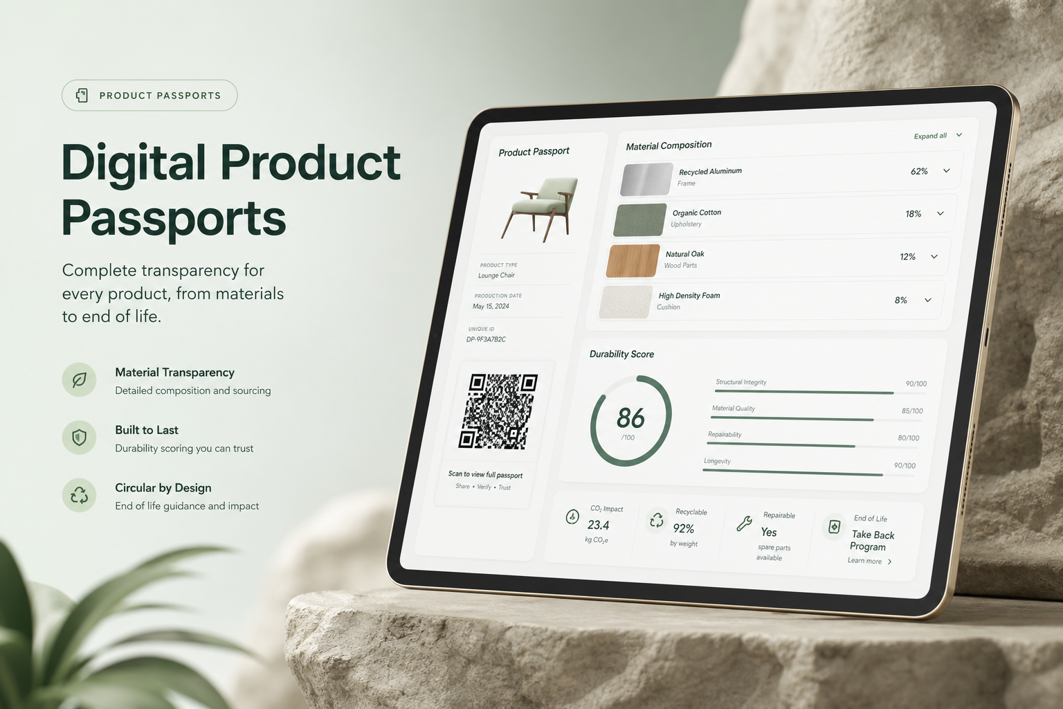 Digital product passport UI mockup on a tablet