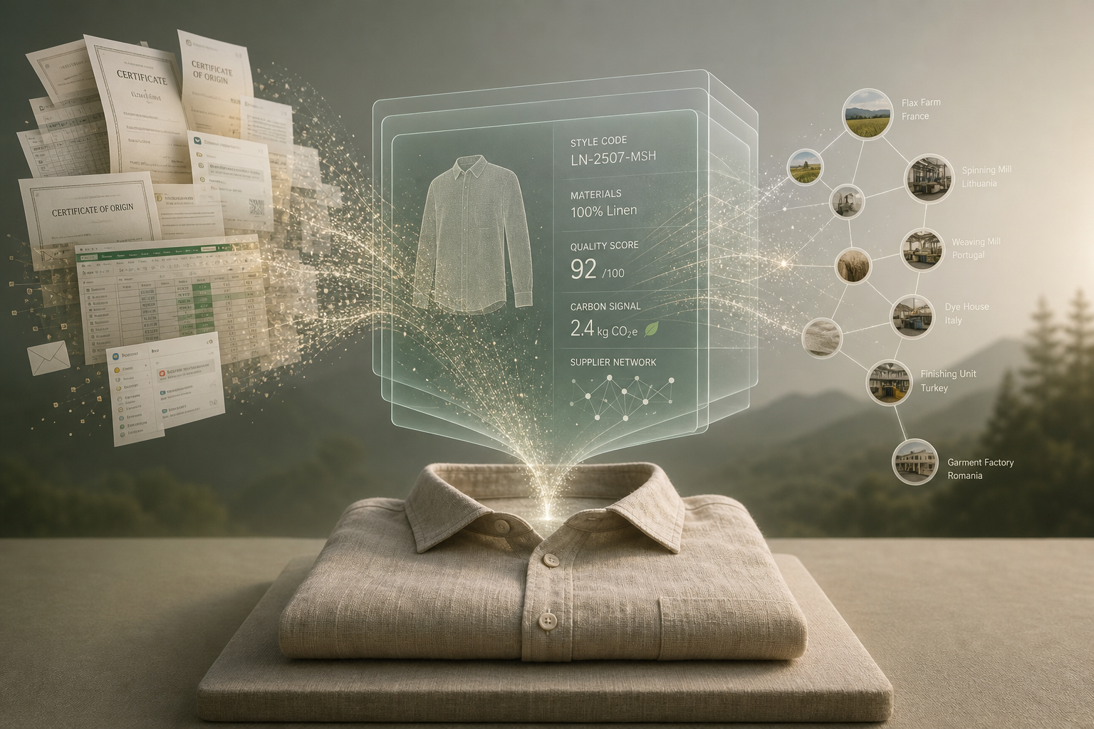 Scattered apparel documents dissolving into a single layered digital product record above a linen shirt